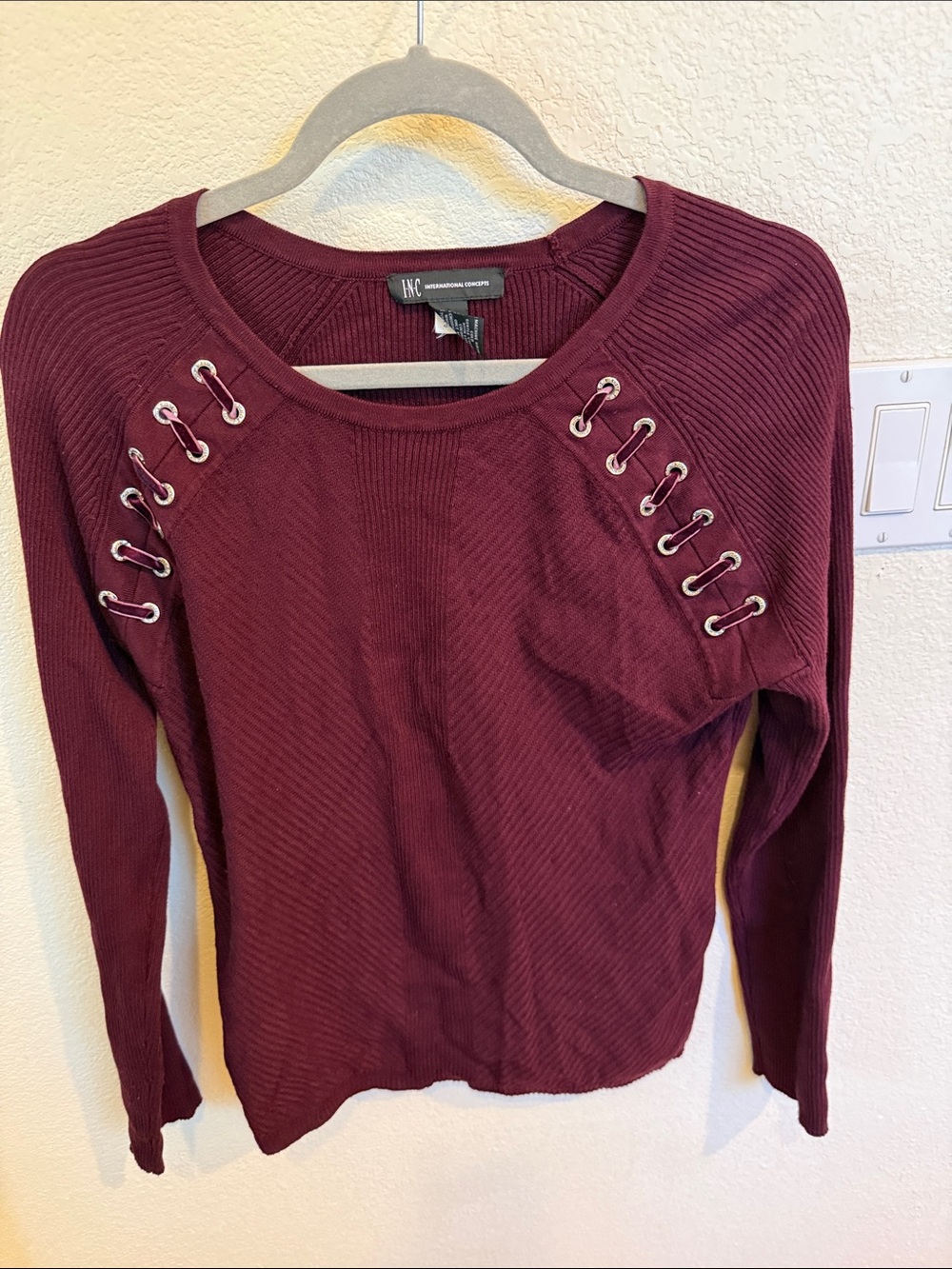 INC International Concepts Burgundy Ribbed Lace-Up Shoulder Sweater